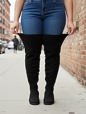 billige Mote støvler-Svarte damestøvletter med ekstra bred passform over kneet, stilige og komfortable støvler for store størrelser, perfekte for avslappet gatestil og høst-/vinterantrekk