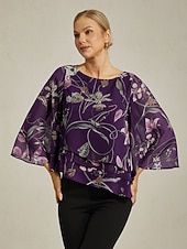 abordables chemises, hauts et chemisiers-chemisier femme en mousseline transparente imprimé floral violet foncé manches mi-longues ourlet superposé col rond pull