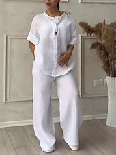 cheap Sets-Women&#039;s Elegant Fashion Streetwear Cotton Linen Sets Long Sleeve Crew Neck Solid Color Outdoor Casual Daily Dark Grey White Pink Summer Loose Fit