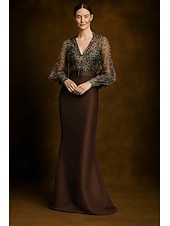 abordables Longueur du plancher-Sirène / Trompette Fourreau / Colonne Robe de Soirée Élégant Robe de soirée Formel Mariage Longueur au sol manche longue Col en V Robe Rose Satin avec Imprimé 2025