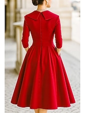 レッドブラックAライン母親の花嫁ドレスエレガントビンテージシャツカラーティーリングサテン3/4レングススリーブルーシュ単色付き お買い得  ティーの長さ-レッドブラックAライン母親の花嫁ドレスエレガントビンテージシャツカラーティーリングサテン3/4レングススリーブルーシュ単色付き