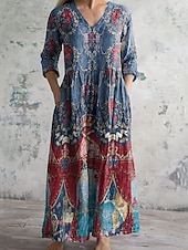 ieftine Rochie cu dungi și geometrică-Pentru femei Rochii Midi Rochie de schimb Casual Zilnic Fit regulat Grafic Geometric Manșon Lung În V Galben Roșu-aprins Albastru piscină Portocaliu Primăvară Toamnă