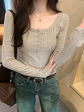 preiswerte Einfarbiges T-Shirt-Damen Bluse Knöpfe Einfarbig Stilvoll Lässig Langarm Rundausschnitt Normale Oberteile Täglich Marineblau Dunkelgray Grau Frühling Herbst Winter