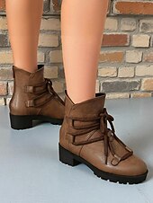 levne Kotníkové boty-Dámské hnědé kotníkové boty z umělé kůže s robustním podpatkem – ležérní outdoorový a streetwear styl