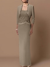 abordables Ensembles de robes pour maman-Robe fourreau mère de la mariée invitée de mariage élégante grande taille encolure droite longueur au sol en chiffon satin dentelle sans manches robes à courte veste avec ceinture  appliques en ruban