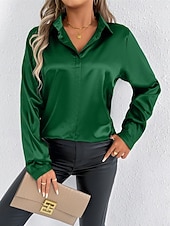 economico Top eleganti-Per donna Camicia Camicia in raso Tinta unica Elegante Casual Manica Lunga Colletto a Camicia Top Regolari Quotidiano Uscire Bottoni Rosa Viola Verde Primavera Autunno