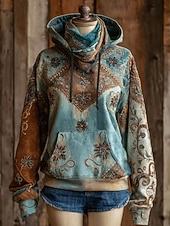 Women's Pullover Hoodie Sweatshirt Graphic Geometric Vintage Western Casual Long Sleeve Hooded Regular Tops Street Dailywear Patchwork Print Front Pocket Yellow Blue Spring Fall Winter4