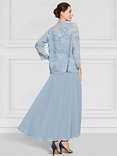 Недорогие Комплекты платьев для мам-Из двух частей А-силуэт В пол Свадебное платье для гостей Платье для матери невесты Рукав 3/4 Вырез лодочкой Элегантный стиль Простой минималист Официальные Свадебный гость Шифон с Кружева