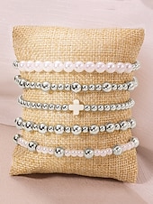 cheap Women's Bracelet-Women's Pearl and Gold Bead Bracelet Set – 6Pcs Stretch Layered Beaded Bangles, Elegant Fashion Jewelry for Parties, Weddings &amp; Daily Wear