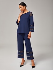 billige Todelt sett-dame marineblå modal chiffon matchende sett tettsittende bluse beskårne bukser elegant stilig komfortabel daglig arbeidskveldsklær høst