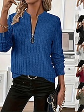 billige Enkle topper-Dame Genser med genser عادي Fritid Langermet V-hals Vanlige topper Gate Hverdag Glidelås Svart Hvit Rød Blå Grønn Høst Vinter