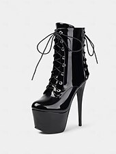 baratos Botas com salto-Botas femininas pretas de couro sintético com cadarço e plataforma - botas curtas sensuais de salto agulha alto para a vida noturna &amp;pole dance