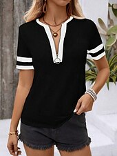 abordables T-shirt uni-Femmes T-shirt Uni Mode Moderne Occasionnel Manche Courte Col en V Hauts Réguliers Quotidien Week-end Noir Vin Vert Véronèse Bleu Kaki Été Printemps
