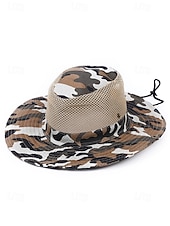 preiswerte Herrenhüte-Herren-Sonnenhut aus Camouflage-Netzgewebe mit breiter Krempe und Kinnriemen – atmungsaktiver Outdoor-Wander- und Angelhut für Sommerreisen und Camping