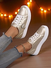 cheap Women's Sneakers-Women's Silver Metallic Lace-Up Sneakers with Rhinestone Buckle - Fashion Casual Shoes for Nightlife Parties and Club Outfits