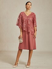 levne Party šaty-Dámské Délka čaje Šifonové šaty Elegantní Večírek Pevná barva Poloviční rukáv Do V Světlá růžová Léto Jaro