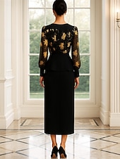 abordables Ensembles de robes pour maman-Deux Pièces Ensembles de Robes Robe de Mère de Mariée  Élégant ancien Col ras du cou Longueur thé Chiffon manche longue avec Imprimé
