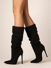 baratos Botas Slouch-botas femininas de salto alto de camurça, bico fino e cano médio em várias cores para looks estilosos de outono e inverno