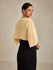  女性用 ゆったりとしたトップス シフォントップス 純色 エレガント 七分袖 アシメントリー クロップトップ 結婚式のゲスト シャンパン 夏 春 秋