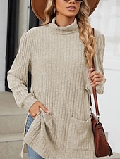 billiga Kvinnors Enfärgade Toppar-Dam Blus Ensfärgat Stylish Ledigt Långärmad Hög hals Långa toppar Dagligen Ficka Svart Rubinrött Blå Kaki Grå Vår Höst Vinter