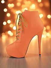 baratos Festa da Vida Noturna-Botas femininas plataforma de couro sintético bege com cadarço - sapatos de festa com salto alto e salto agulha para vida noturna e balada