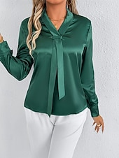  Жен. Рубашка Elegant Нарядный Атласный верх галстук спереди Сплошной цвет Стиль На каждый день Длинный рукав V-образный вырез Обычные топы Повседневные На выход Зеленый Светло-серый Весна Осень
