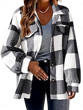 billiga Fleece-fodrade jackor-Dam Sherpajacka Vardaglig jacka Bekväm Andningsfunktion Ficka Knappar Mönster Ledigt Rutig Semester Gata Ledigt Dagliga kläder Enkelknäppt Normal Nedvikt Normal Långärmad Ytterkläder Svart Rubinrött