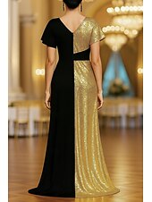 baratos Vestidos de Festa em A-Linha A Longo Vestidos de noite Vestido de Baile Vestido formal Elegante Manga Curta Decote V Casamento Formal Capas Cetim com Purpurina