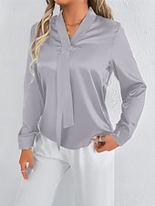  Жен. Рубашка Elegant Нарядный Атласный верх галстук спереди Сплошной цвет Стиль На каждый день Длинный рукав V-образный вырез Обычные топы Повседневные На выход Зеленый Светло-серый Весна Осень