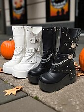 levne Pro ženy-Dámské gotické kozačky na platformě do poloviny lýtek, punk rock, nýtový řetízek, černobílé boty na halloweenskou párty, cosplay kostým, noční klub, streetwear a gotickou módu