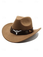baratos Chapéus Femininos-Chapéu de cowboy masculino com faixa de cabeça de touro – chapéu fedora vintage de feltro com aba larga para rodeio, estilo ao ar livre e presente de Natal