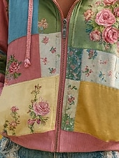 preiswerte Blumenoberteile-Womens 3D Druck Vintage Boho Kapuzenpullover Patchwork Kapuzenpullover Sweatshirt Floral Reißverschluss Floral Punk Aktiv Vintage Langarm Regular Tops Zuhause Alltagsmode Casual Patchwork Rosa