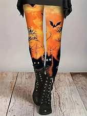 preiswerte Halloween-Hosen-Damen Leggings Gemütliche Leggings Basic Lässig Volle Länge Hohe TaillePantsHalloween Katze Fledermaus Drucken Thermowarm Bequem Dehnbar Urlaub Straße Lässig Orange Herbst Winter Schmale Passform