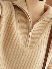 preiswerte Einfarbige Farben-Damen Pullover Mode Basic Lässig Einfarbig Gerippt Halber Reißverschluss Reißverschluss Gestrickt Langarm Normale Oberteile Stricken Outdoor Täglich Wochenende Khaki Herbst Winter