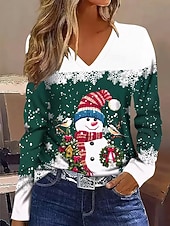 abordables Hauts de Noël-Noël Femmes T-shirt Graphique Bonhomme de neige ancien Élégant Classique manche longue Col en V Hauts Réguliers Quotidien Imprimé Vert Printemps Automne Hiver