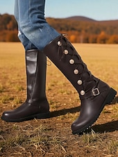 levne Jezdecké boty-Dámské jezdecké boty z umělé kůže – hnědé, šněrovací, v jezdeckém stylu, s přezkou a ozdobnými knoflíky, vhodné pro práci na farmě, jízdu na koni a venkovní podzimní aktivity