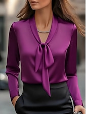 economico Top eleganti-Per donna Elegant Elegante Raso/Satin Blusa Semplice Elegante Quotidiano Cravatta al collo Top Regolari Quotidiano Allacciato Nero Bianco Rosa Viola Autunno