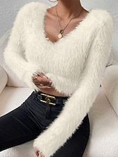 abordables Couleurs unies-Femmes Pull Mode Occasionnel Couleur Unie Côtelé Col en V Tricoté manche longue Hauts Réguliers Tricoter Extérieur Quotidien Week-end Noir Blanche Automne Hiver