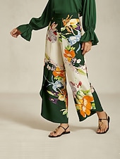 お買い得  女性のパンツ-レディース ワイドレッグパンツ サテン ダークグリーン 花柄プリント フロントオーバーラップ スリット 春 秋