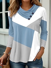 billige Stripe og geometrisk t-skjorte-Dame Tunika Grafisk Geometrisk Geometri Stilfull Fritid Langermet Cowl-hals V-hals Vanlige topper Daglig Knapper Trykt mønster Rosa Himmelblå Kakifarget Vår Høst Vinter