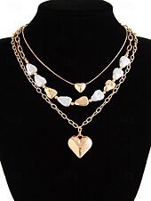 preiswerte Halskette für Damen-Damen-Mehrfachkette mit Herzanhänger – goldenes Kettenhalsband mit Perlenakzenten, Modeschmuck für Partys, Verabredungen und den Alltag