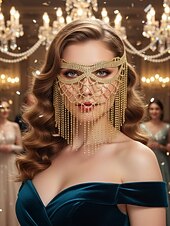 levne Dámské vlasové doplňky-Dámská zlatá střapcová maškarní maska - elegantní křišťálový doplněk na obličej s třásněmi na kostýmní ples a večírek