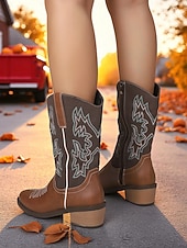 levne Cowboy &amp; Western Boots-Dámské hnědé kovbojské westernové boty z umělé kůže s vyšívaným prošíváním, nízké podpatky do půli lýtek na rodeo, festivaly i každodenní nošení
