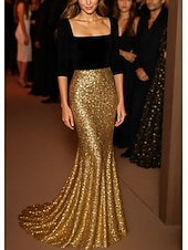 abordables Robes de Soirée Sirène-Robe de soirée sirène/trompette en or noir, élégante robe de soirée formelle, longueur au sol, extensible, pailletée avec paillettes 2025