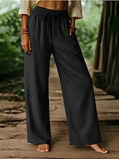 economico Pantaloni in lino e cotone semplici-Per donna Pantaloni in cotone e lino Gamba larga Chinos Vintage Essenziale Casual Lunghezza intera Vita Alta Semplice Tasca Fascia Elastica Comodo Morbido Confortevole Elasticizzato All&#039;aperto