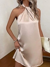 baratos Vestido Simples-Mulheres Minivestido vestido de cetim Vestido de festa Vestido decote halter Elegante Moderno Festa de Noite Festa Coquetel Normal Tecido Sem Manga Halter pescoço Azul Champanhe Verde Primavera Outono