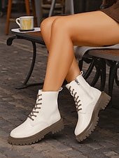 Недорогие Женские ботинки-Женские белые ботинки из искусственной кожи на шнуровке с боковой молнией и массивной подошвой — стильные армейские ботинки для кей-попа, уличной моды и повседневных образов.