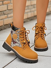 baratos Botas de combate-Botas femininas amarelas com cadarço e painéis de tecido jacquard – calçados estilosos para caminhadas, ideais para outono, inverno e looks casuais para atividades ao ar livre