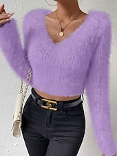 abordables Couleurs unies-Femmes Pull Mode Occasionnel Couleur Unie Côtelé Col en V Tricoté manche longue Hauts Réguliers Tricoter Extérieur Quotidien Week-end Noir Blanche Automne Hiver