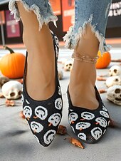 お買い得  女性向け-レディース ハロウィン ゴースト柄 ニット バレエ フラットシューズ - 休日やストリートスタイルにぴったりの軽量ポインテッドシューズ